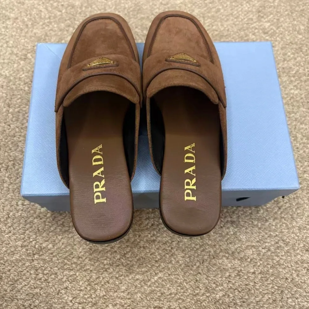 Prada Brown Suede Backless Loafers with Gold Logo - Picture 5 of 9